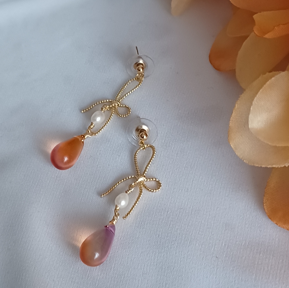 Iridescent Tear Drop and Pearl Earrings - Picture 2 of 5